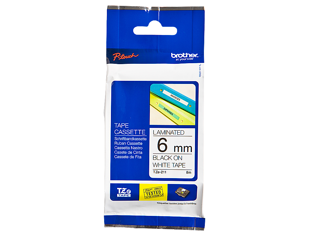 FITA BROTHER TZ-211 LAMINADA BRANCO-PRETO 6MM X 8M