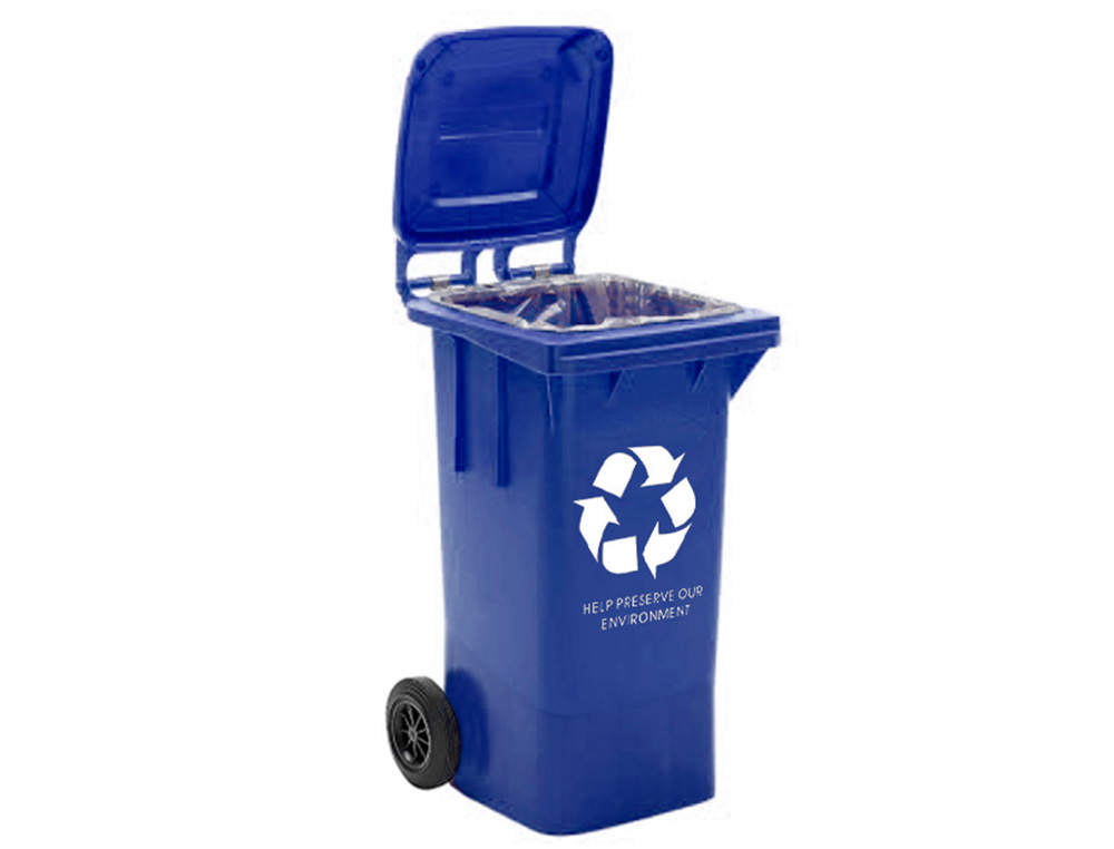 CONTENTOR DE LIXO Q-CONNECT PLASTICO COM 2 RODAS COR AZUL COM CAPACIDADE PARA 100 LITROS