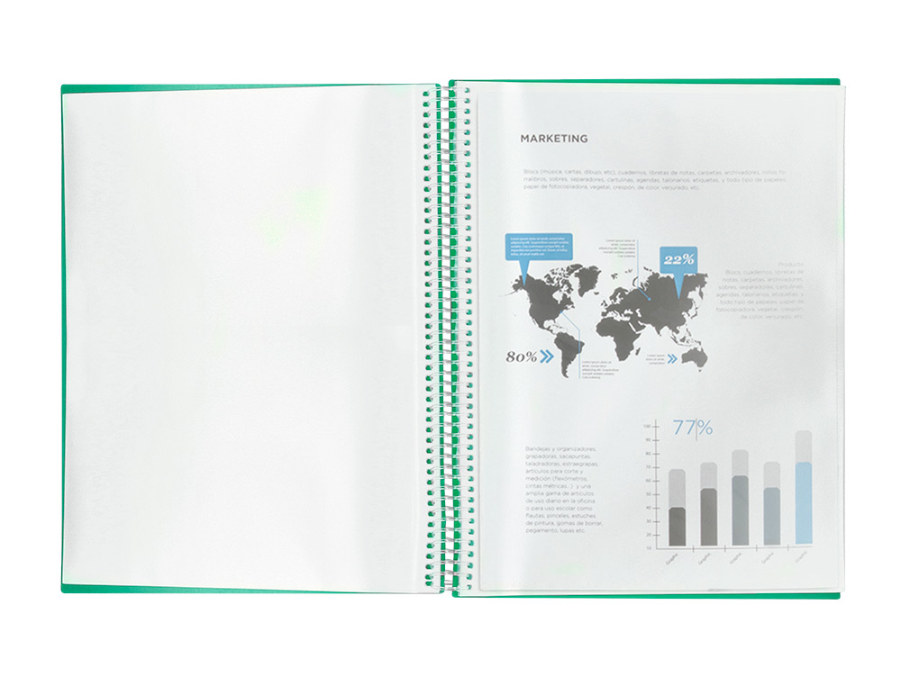 CAPA CATALOGO LIDERPAPEL COM ESPIRAL 60 BOLSAS POLIPROPILENO DIN A4 VERDE