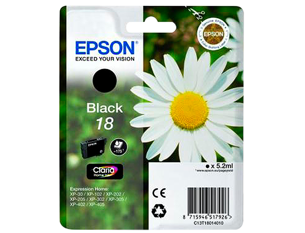 TINTEIRO EPSON T1801 PRETO EXPRESSION HOME XP-102 XP-205 XP-305 XP-405 CAPACIIDAD 175 PAG