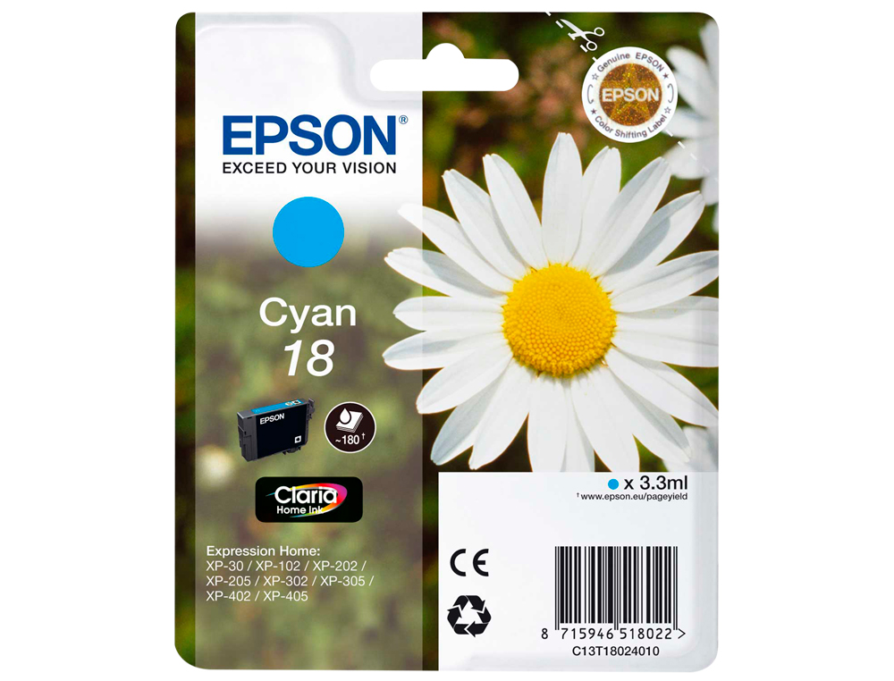 TINTEIRO EPSON T1802 CIAN EXPRESSION HOME XP-102 XP-205 XP-305 XP-405 CAPACIIDAD 180 PAG