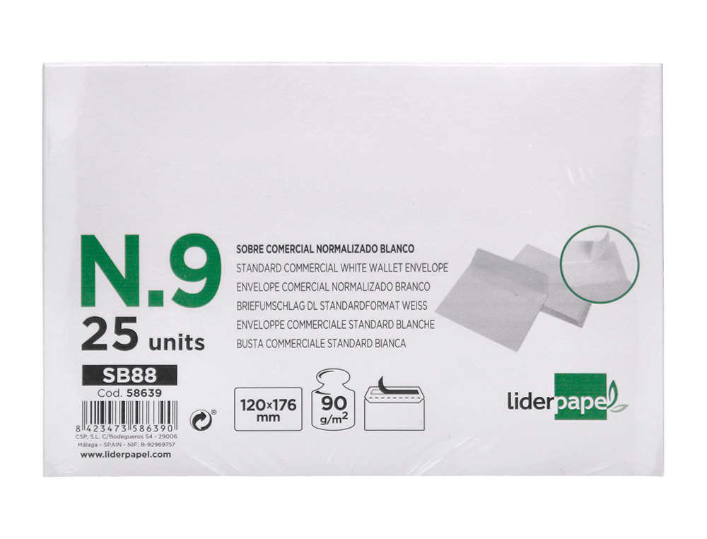 ENVELOPE LIDERPAPEL N.9 COMERCIAL NORMALIZADO BRANCO 120X176 MM TIRA DE SILICONE PACK DE 25 UNIDADES