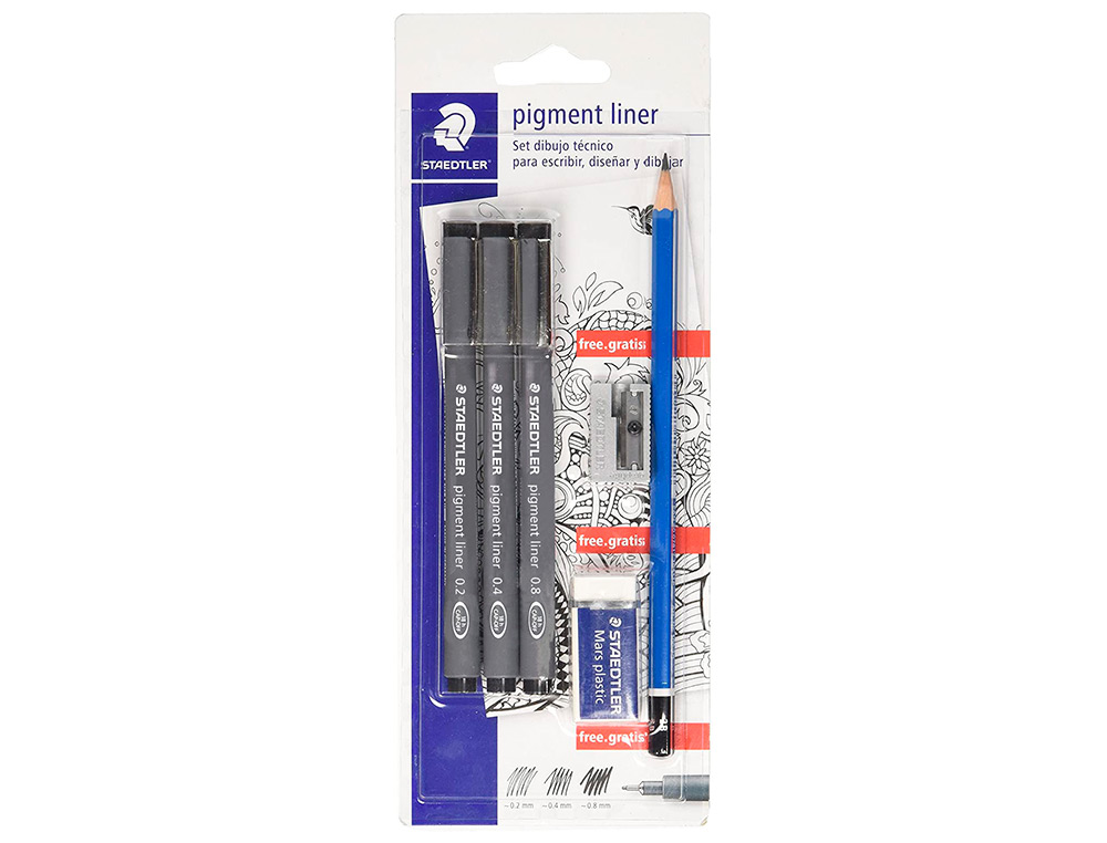 MARCADOR STAEDTLER CALIBRADO MICROMETRICO 308 PRETO BLISTER DE 3 UND + BORRACHA LAPIS E APARA LAPIS DE OFERTA