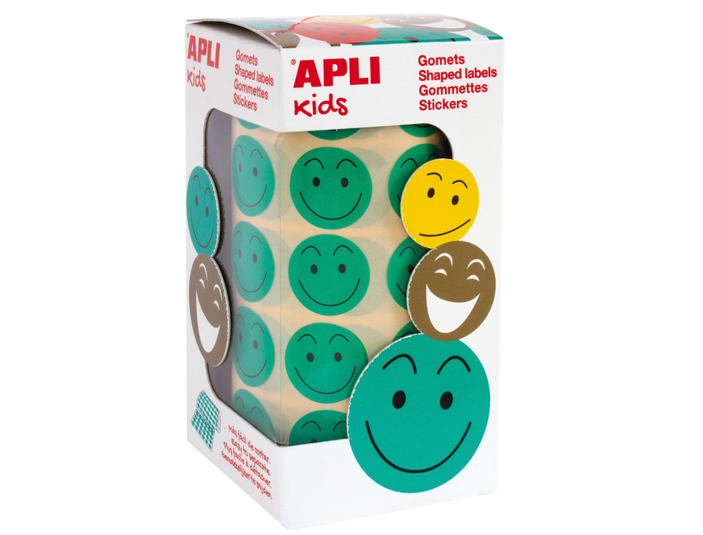 ETIQUETAS APLI AUTOADESIVAS SMILE VERDE CARA FELIZ ROLO DE 900 UNIDADES
