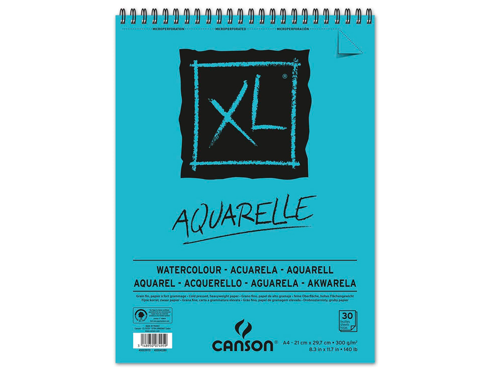 BLOCO DE DESENHO AGUARELA CANSON XL AQUARELLE GRANO FINO DIN A3 MICROPERFURADO ESPIRAL 29,7X42 CM 30 FOLHAS 300 GR