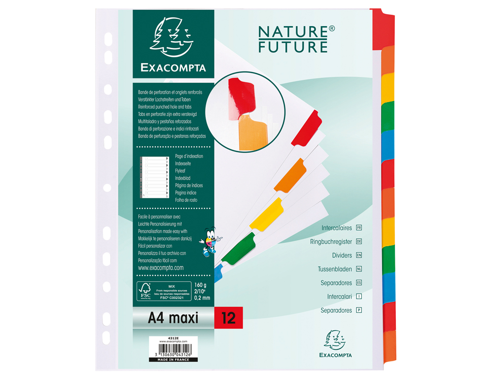 SEPARADOR EXACOMPTA CARTOLINA BRANCO CONJUNTO DE 12 SEPARADORES PESTANAS COLORIDAS A4+ MULTIPERFURADO