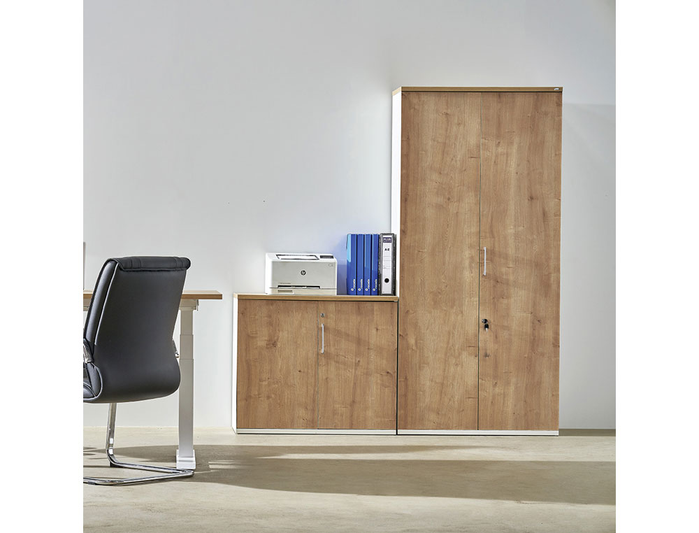 ARMARIO ROCADA COM QUATRO PRATELEIRAS E DUAS PORTAS INFERIORES SERIE STORE 195X90X45 CM ACABAMENTO AB01 ALUMINIO/FAIA