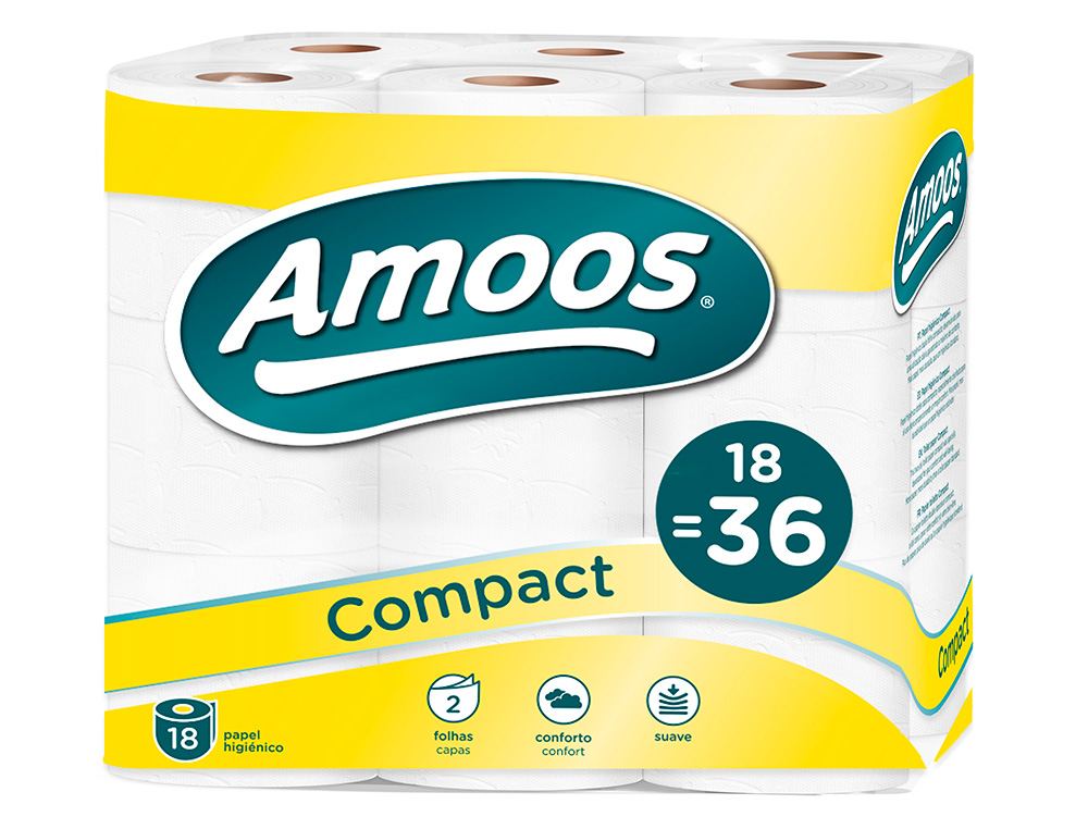 PAPEL HIGIENICO AMOOS DUPLO GRANDE 2 FOLHAS 120 MM DIAMETRO X 90 MM ALTURA PACK DE 18 ROLOS
