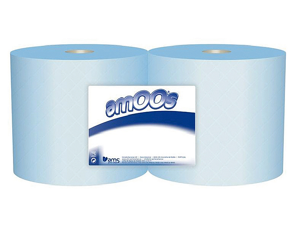 PAPEL SECA MAOS INDUSTRIAL AMOOS 2 FOLHAS 235 MM X 300 MT COR AZUL PACK DE 2 ROLOS