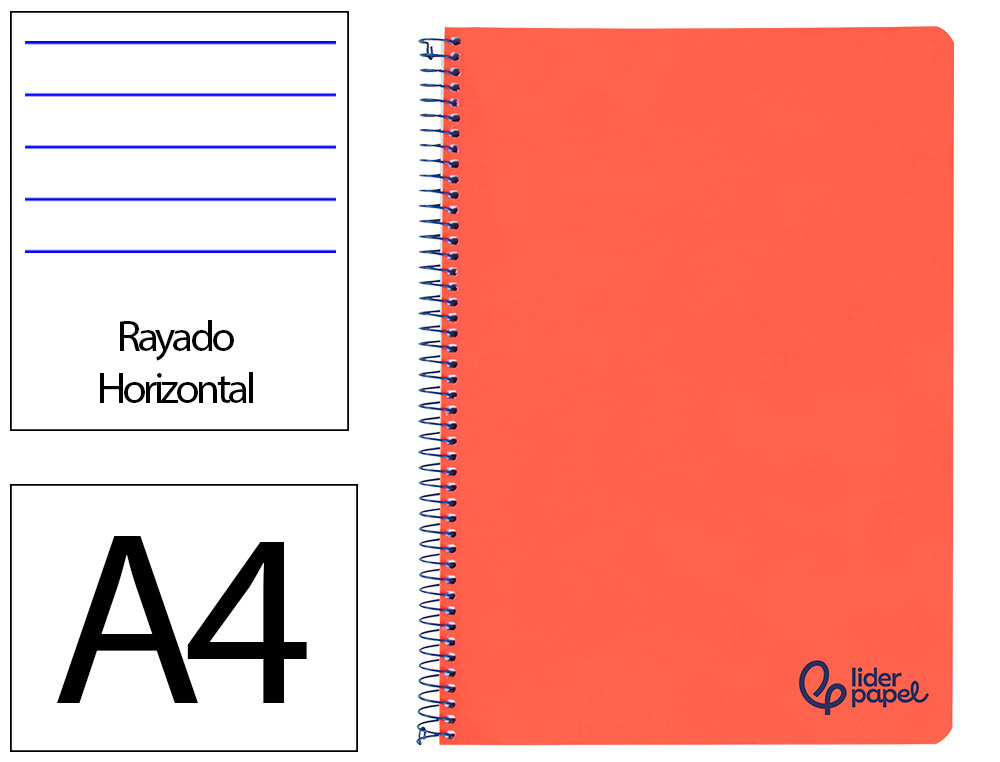 CADERNO ESPIRAL LIDERPAPEL WONDER DIN A4 CAPA PLASTICO 80F 90GR PAUTADO COM MARGEM COR VERMELHO