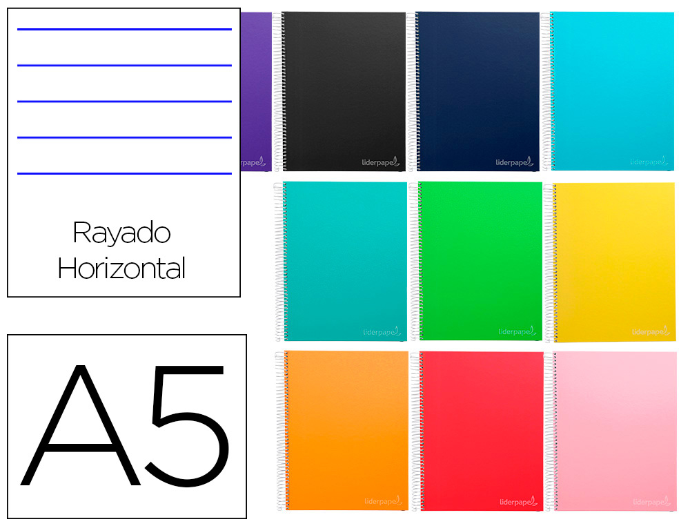 CADERNO ESPIRAL LIDERPAPEL DIN A5 JOLLY CAPA FORRADA 140 F 75 GR PAUTADO 5 BANDAS DE CORES 6 FUROS CORES SORTIDAS